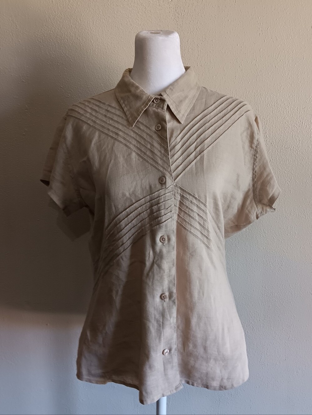 100% Linen Beige Pintuck Button Up Short Sleeve Blouse, Size 12 Preston & York